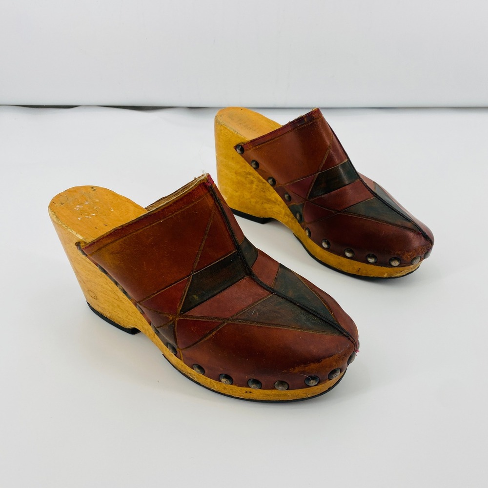 Vintage Clogs Brown Patchwork Leather Wood Wedge Studded